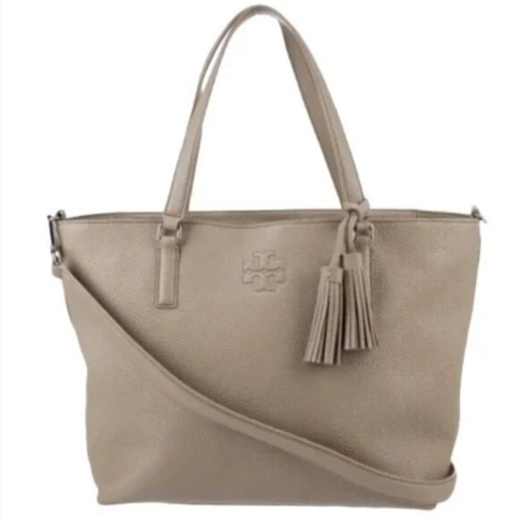 Tory Burch Thea Zip Closure Shoulder Strap Tote in French Gray Pebbled Leather - Picture 1 of 11